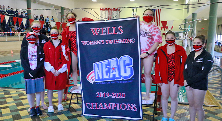 Women’s Swimming Team Unveils Championship Banner on Senior Day